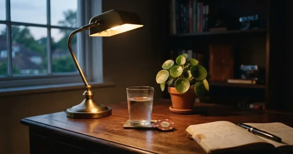En skrivbordslampa lyser upp ett vattenglas och en kruka, rummet bakom mörknar sakta — svenska casinon utan spelpaus