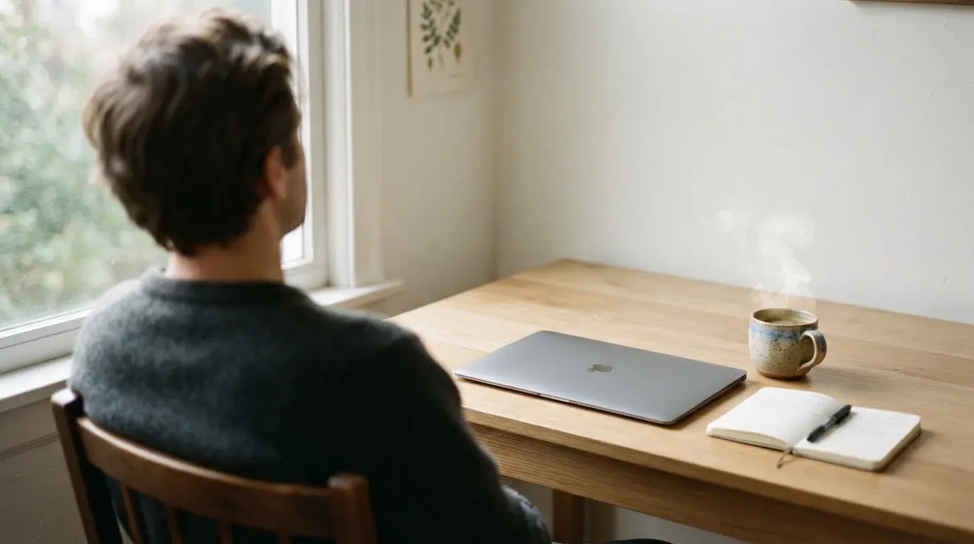 En person sitter vid ett skrivbord hemma med en kopp kaffe och en bärbar dator stängd bredvid sig i morgonljus.