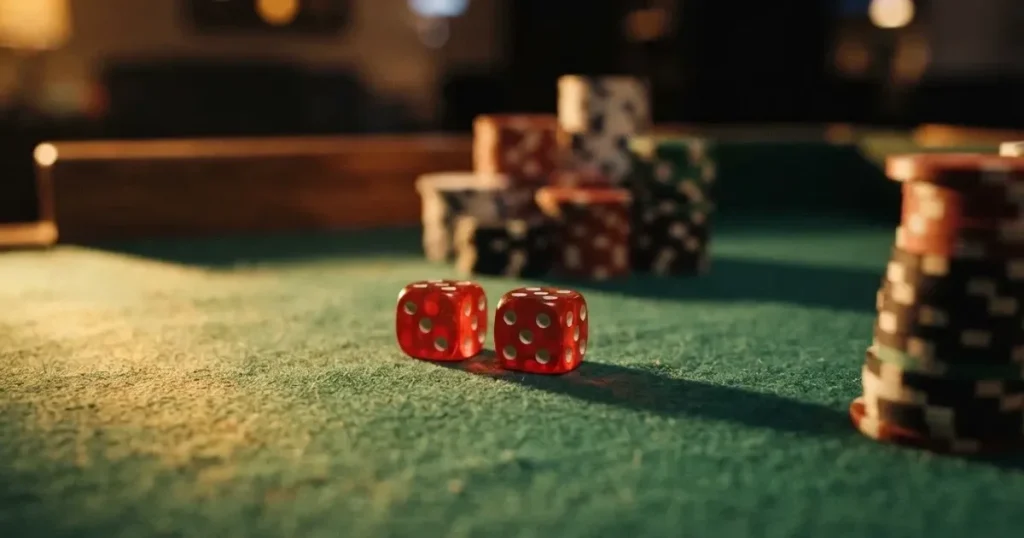 Röda tärningar vilar på grönt filt, bakom dem suddiga torn av spelmarker i kvällsdunklet — svenska online casinon