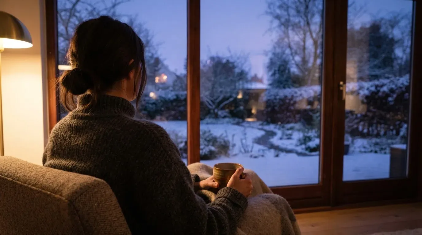 En person sitter ensam vid ett fönster i skymningen och håller en tekopp, med en rofylld vinterträdgård synlig utanför glaset.