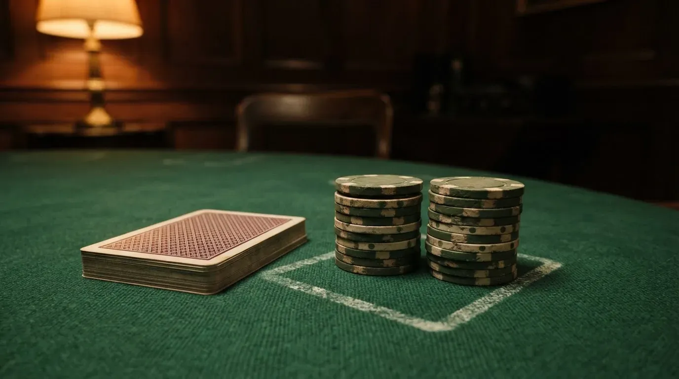 Kortlek och staplar av spelmarker på ett grönt filtbord i en dunkel salong, varmt lampsken — utländska casinon i sverige