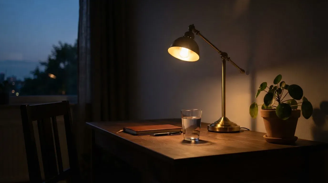 En skrivbordslampa lyser upp ett vattenglas och en kruka, rummet bakom mörknar sakta — utländska casinon i sverige