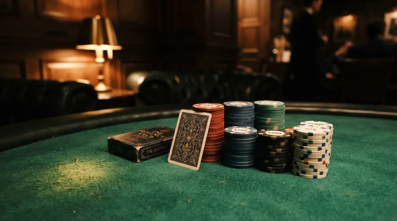 Kortlek och staplar av spelmarker på ett grönt filtbord i en dunkel salong, varmt lampsken — vinna på svenska casino